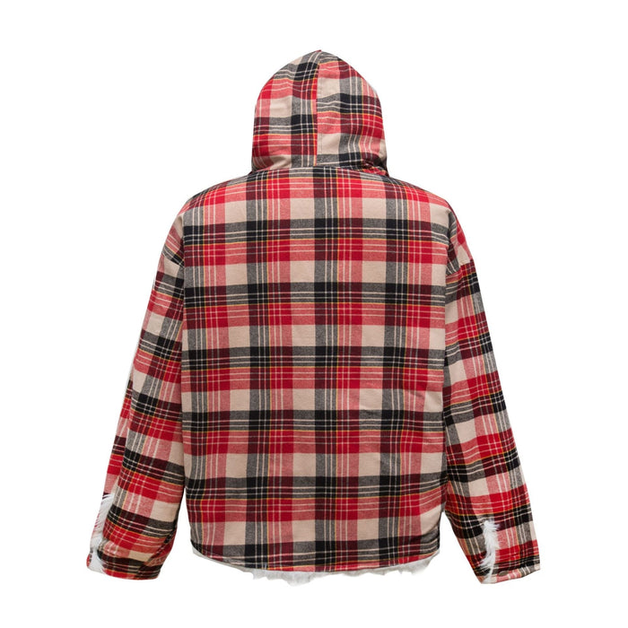 Back view of red plaid cotton jacket with hood