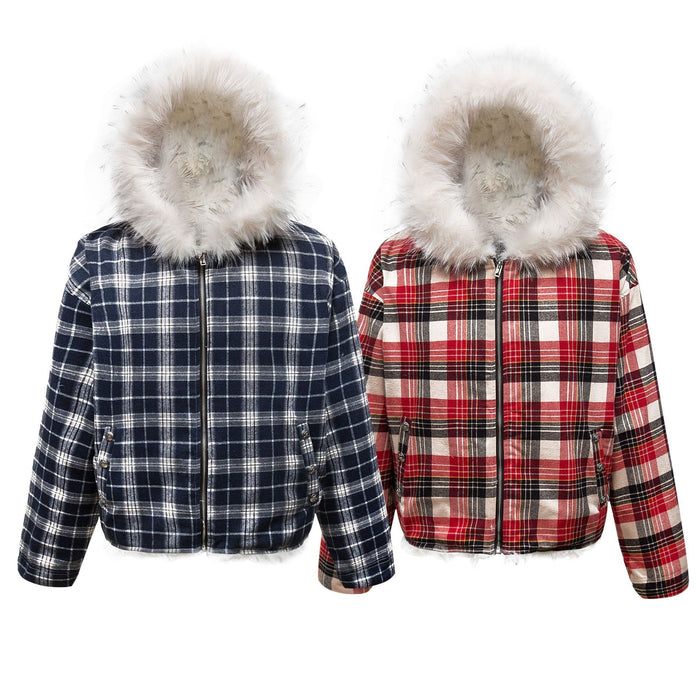 Front view of navy and red plaid jackets with fur hoods side by side