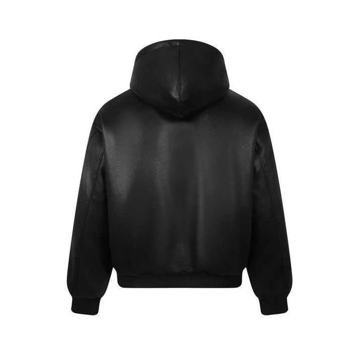 Black hooded bomber jacket back view with ribbed hem and cuffs