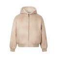 Beige plush-lined hooded bomber jacket front view with zipper and ribbed hem