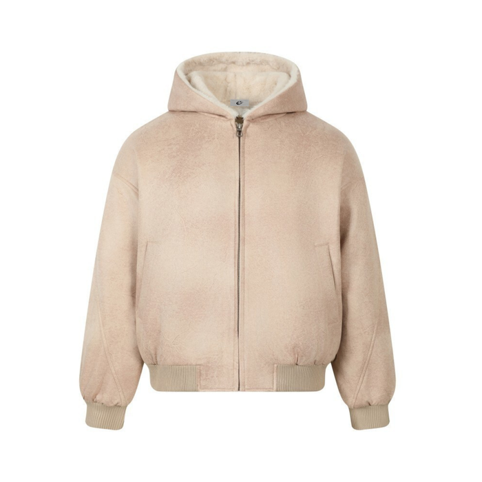Beige plush-lined hooded bomber jacket front view with zipper and ribbed hem