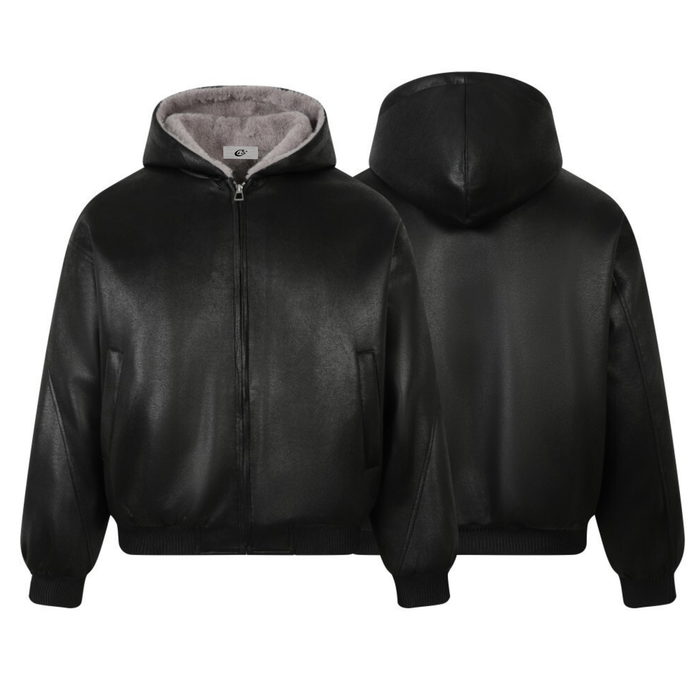 Black hooded bomber jacket front and back views with plush lining