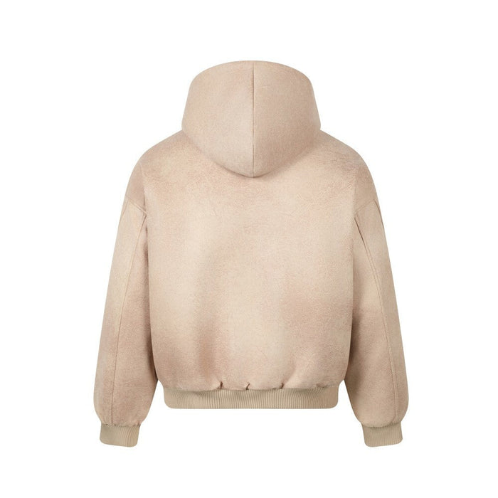 Beige hooded bomber jacket back view with ribbed hem and cuffs