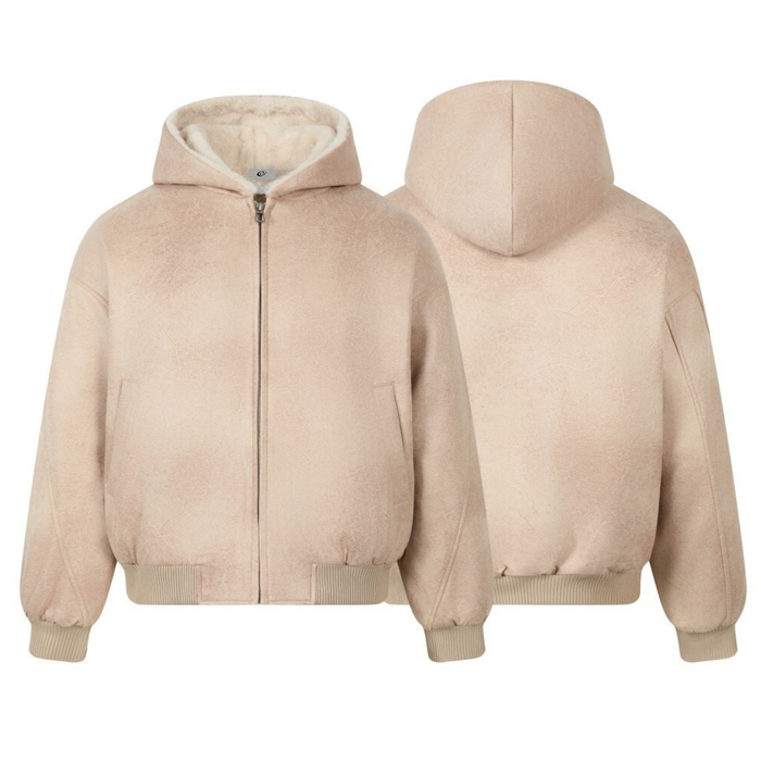 Beige hooded bomber jacket front and back views with plush lining