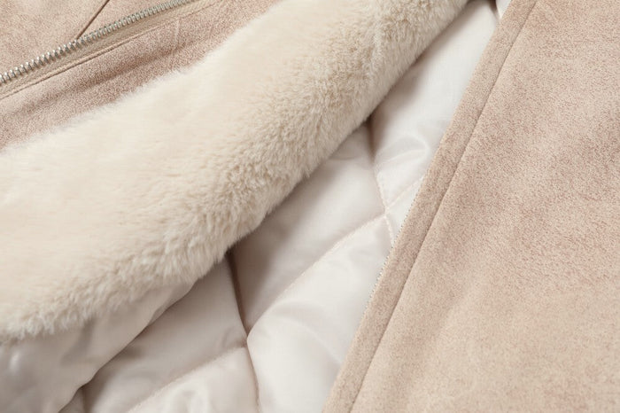 Plush beige bomber jacket interior lining and zipper close-up