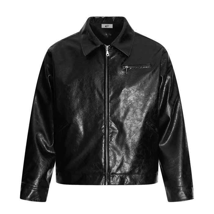 Black crinkle PU leather jacket front view with zip closure and chest pocket