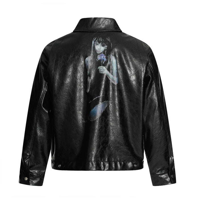 Black PU leather jacket back view with printed girl holding a purple flower