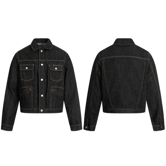 Omirad raw black cropped denim jacket shown from front and back, featuring contrast amber stitching and dual chest pockets