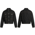 Omirad raw black cropped denim jacket shown from front and back, featuring contrast amber stitching and dual chest pockets