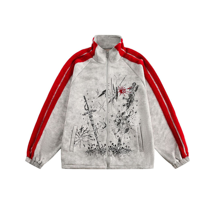 Omirad grey track jacket with red sleeve stripes and sword graphic print on the front, full-zip stand collar design