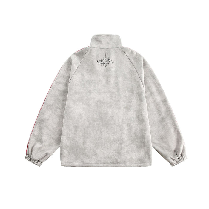 Back view of a gray track jacket with red striped sleeves and small black graphic at the upper back