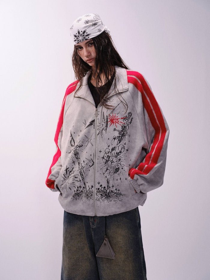 Front view of a gray zip track jacket with red striped sleeves and bold black graphic artwork