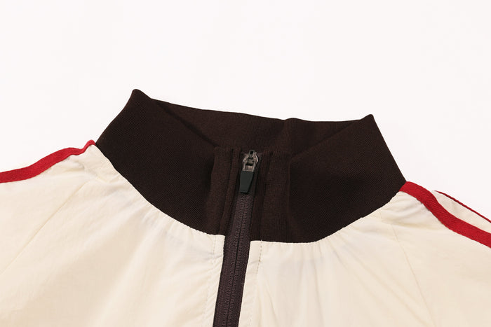 Close-up of jacket collar and top zipper on dark brown ribbed trim