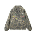 Olive rose camouflage zip-up hoodie with colorful embroidered patches across the chest, relaxed fit, front view