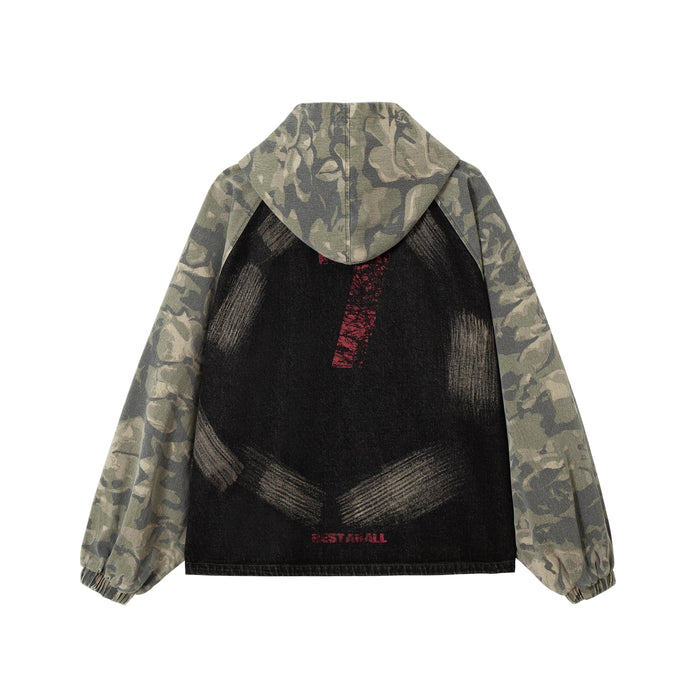 Back view of rose camo zip-up hoodie with black graphic panel and red embroidered detail