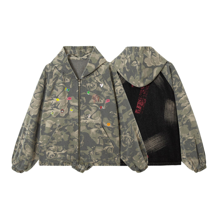 Front and back views of rose camo zip-up hoodie with colorful embroidered patches