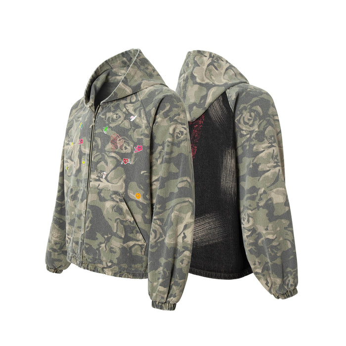 Front and back views of rose camo zip-up hoodie, angled side-by-side