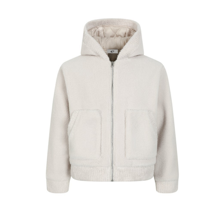 Cream teddy fleece zip-up hoodie with front zipper and hood, front view