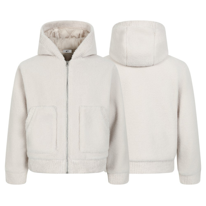 Cream teddy fleece zip-up hoodie shown front and back views