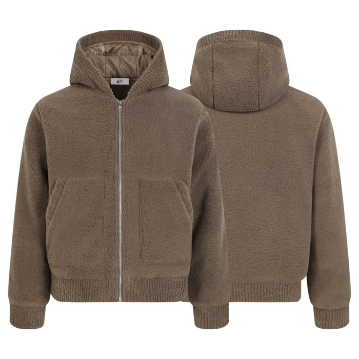 Brown teddy fleece zip-up hoodie shown front and back views