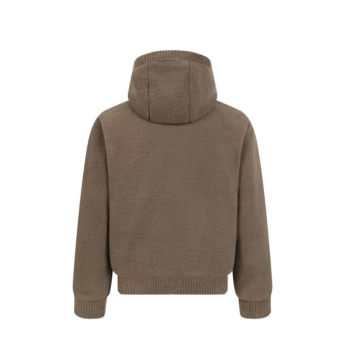Brown teddy fleece hooded jacket, back view