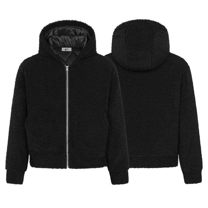 Black teddy fleece zip-up hoodie shown front and back views