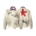 Omirad vintage washed beige cotton graphic jacket with purple corduroy collar, graffiti stamp prints, pin badges, and red cro