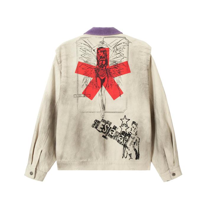 Back view of beige bomber jacket with large red graphic and black stencil print