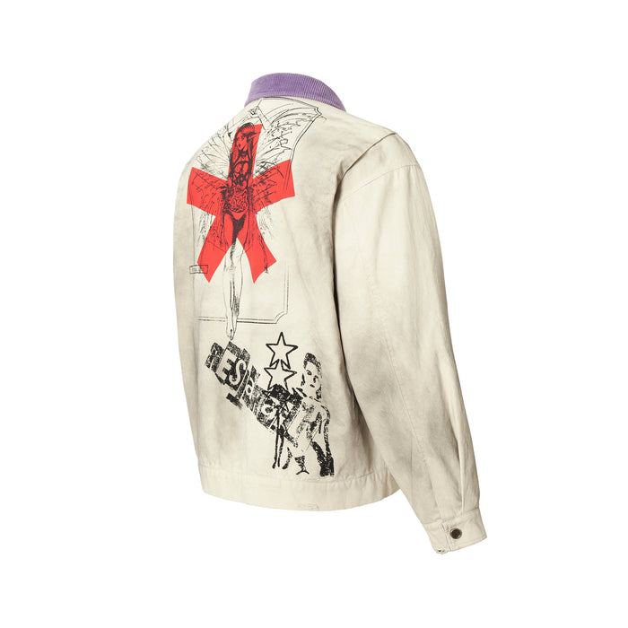 Back-right view of beige bomber jacket with red graphic print and purple collar