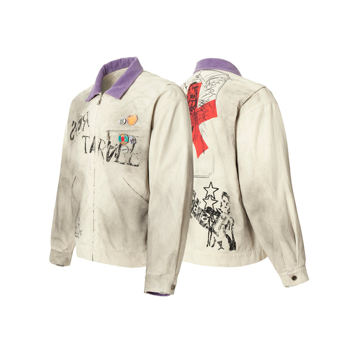Front and back views of beige graphic bomber jacket with purple collar