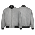 Front and back view of a grey washed polyester bomber jacket with black ribbed collar, cuffs, and hem