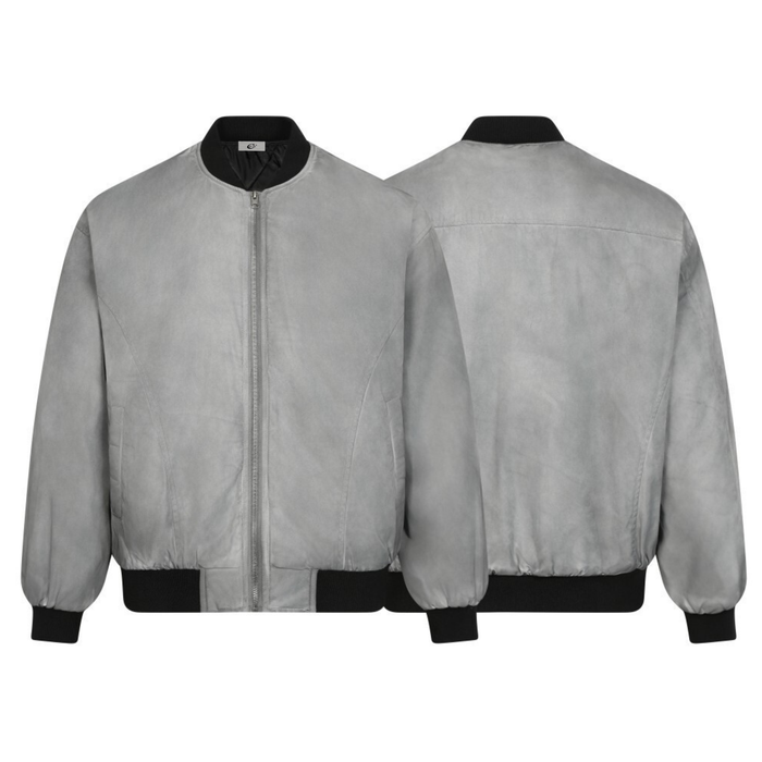 Front and back view of a grey washed polyester bomber jacket with black ribbed collar, cuffs, and hem