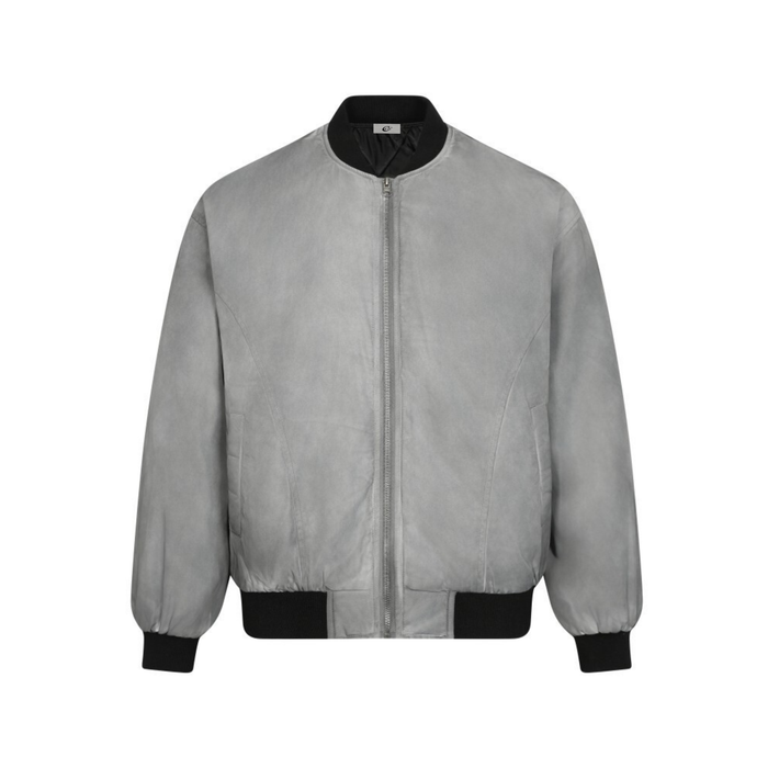 Grey bomber jacket with black ribbed collar, front zip closure and long sleeves