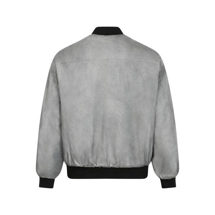 Back view of grey bomber jacket with black ribbed collar, hem and cuffs