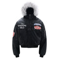 Black PU cropped bomber jacket with white faux fur hood trim and Shinnecock Hills embroidered patches on front