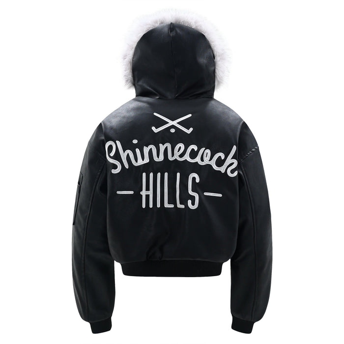 Black faux leather bomber jacket back view with white Shinnecock Hills embroidery and fur-trim hood