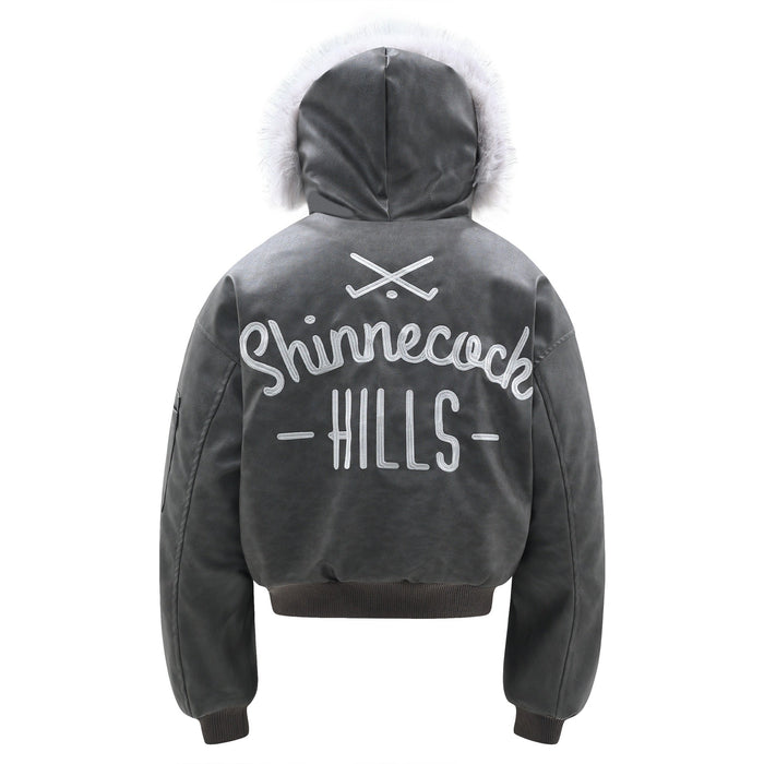 Gray faux leather bomber jacket back view with white Shinnecock Hills embroidery and fur-trim hood