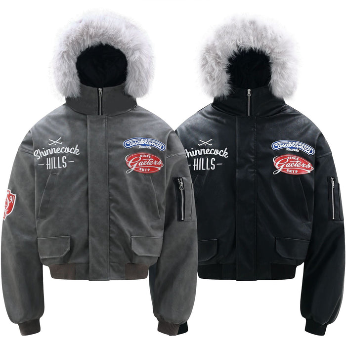 Side-by-side front views of gray and black faux leather bomber jackets with faux fur hoods