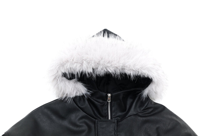 Close-up of black bomber jacket hood trimmed with white faux fur