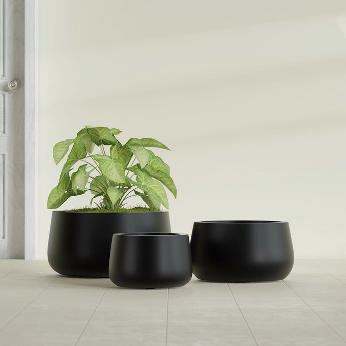 Short Hayden Small Round Fiberglass Planter - 12 in x 12 in x 7 in - Matte Black - Matte Black,12 in x 12 in x 7 in
