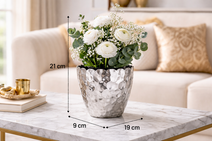 Silver Finish Hammered Aluminium Vase – Modern Ethnic Home Accent