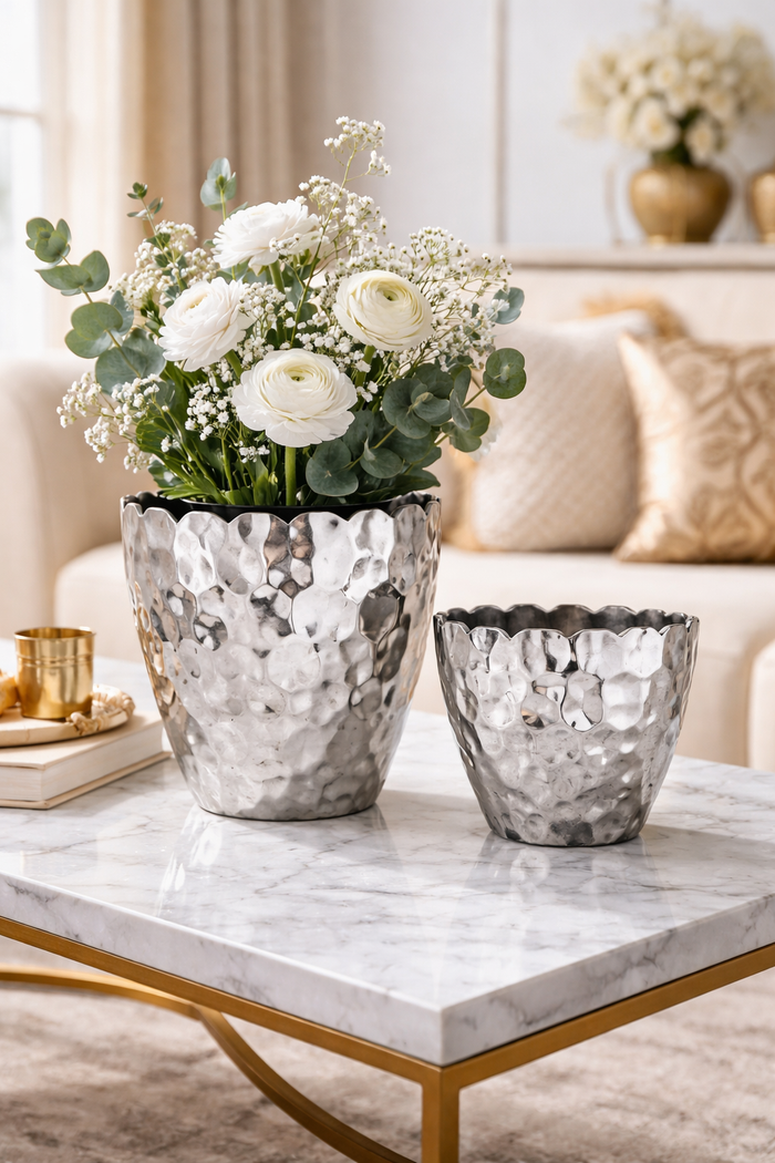 Silver Finish Hammered Aluminium Vase – Modern Ethnic Home Accent