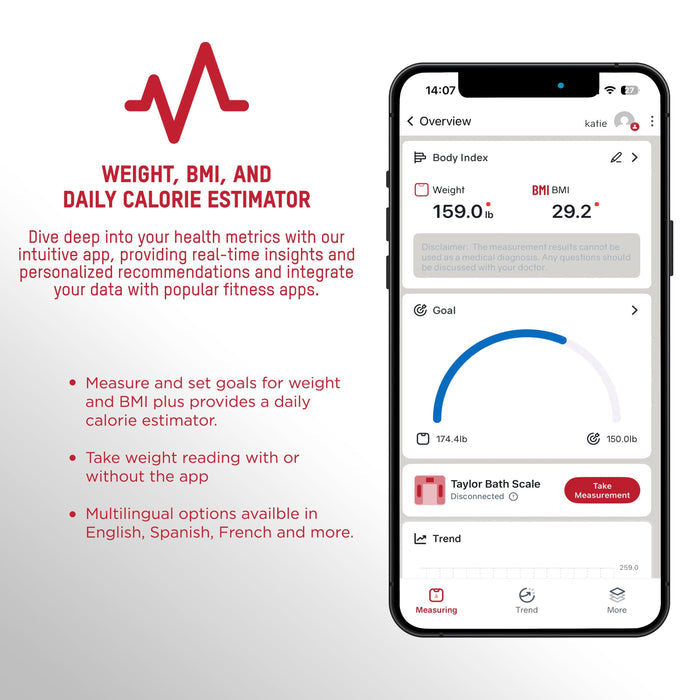 Promotional banner for Smart Weight Tracking Scale with Precision Hub App featuring a red heartbeat icon and a phone displaying the app interface.