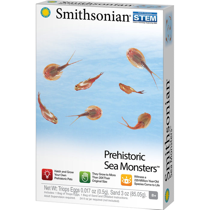 The Smithsonian Prehistoric Sea Monsters Value Set box shows swimming Triops and promotes hatching and growing prehistoric sea creatures. Recommended for ages 8+, from Smithsonian.