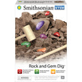 The Smithsonian Rock And Gem Value Set box displays toy tools and vibrant gemstones in clay. STEM-focused text encourages discovering and identifying real gems, with a warning that it’s suitable for ages 8 and up.