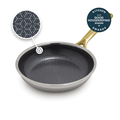 Gold 8-inch ceramic nonstick frypan with hex pattern and matching gold handle, Good Housekeeping 2024 badge visible.