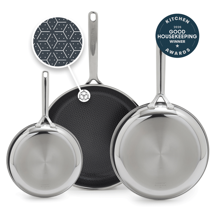 Set of three Spectra ceramic nonstick frypans in 8, 10, and 12 sizes, shown in a neutral finish.