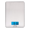 Front view of brushed stainless steel digital kitchen scale with blue backlit display and Taylor logo