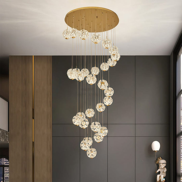 Staircase Chandelier Gold Crystal Ball Spiral LED 1-30 Head 3000K Warm White | NordaLight