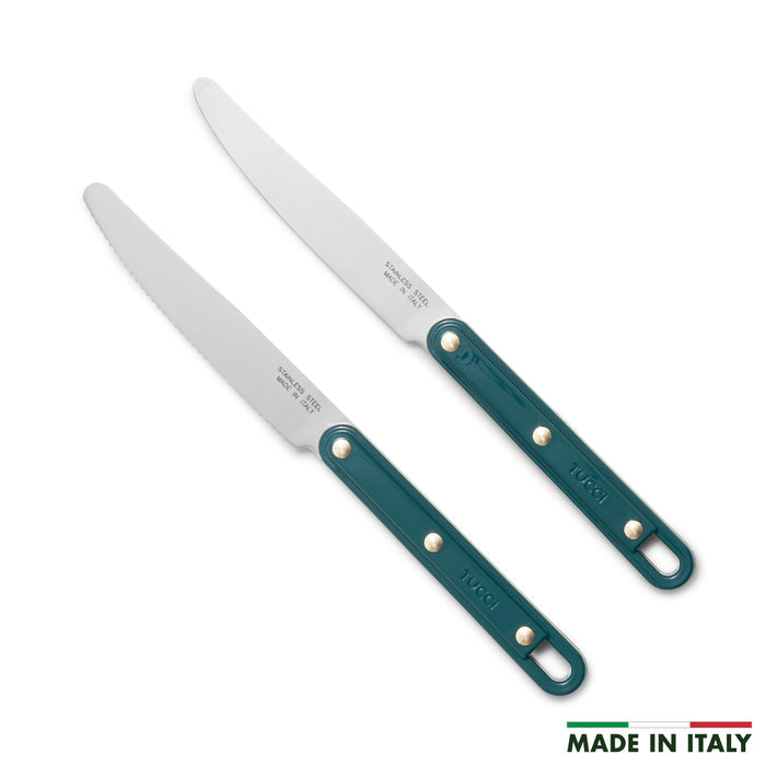 Two kitchen knives with teal handles on a white background, featuring 'Made in Italy' text.